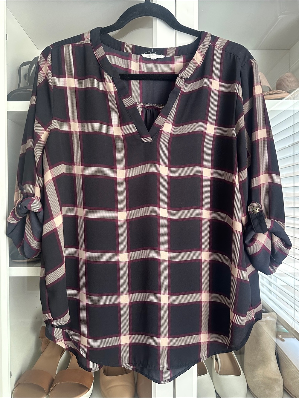 Maurice’s Women's Large Sheer Plaid Roll-Sleeve V-Neck Blouse